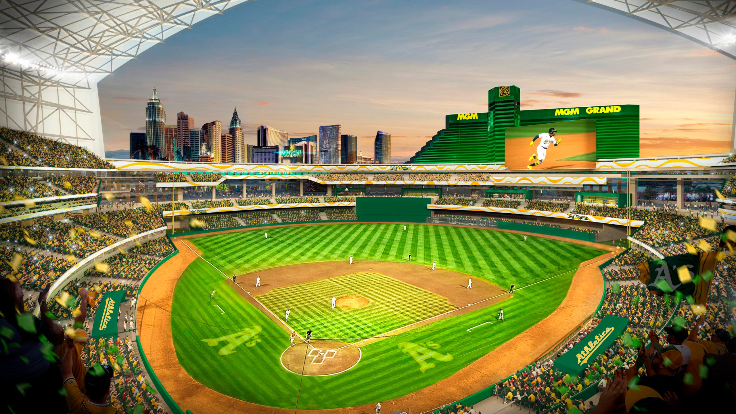 FILE - This rendering provided by the Oakland Athletics on May 26, 2023, shows a view of their proposed new ballpark at the Tropicana site in Las Vegas. The Oakland Athletics cleared a major hurdle for their planned relocation to Las Vegas after the Nevada Legislature gave final approval on Wednesday, June 14, to public funding for a portion of the proposed $1.5 billion stadium with a retractable roof. (Courtesy of Oakland Athletics via AP, File)
