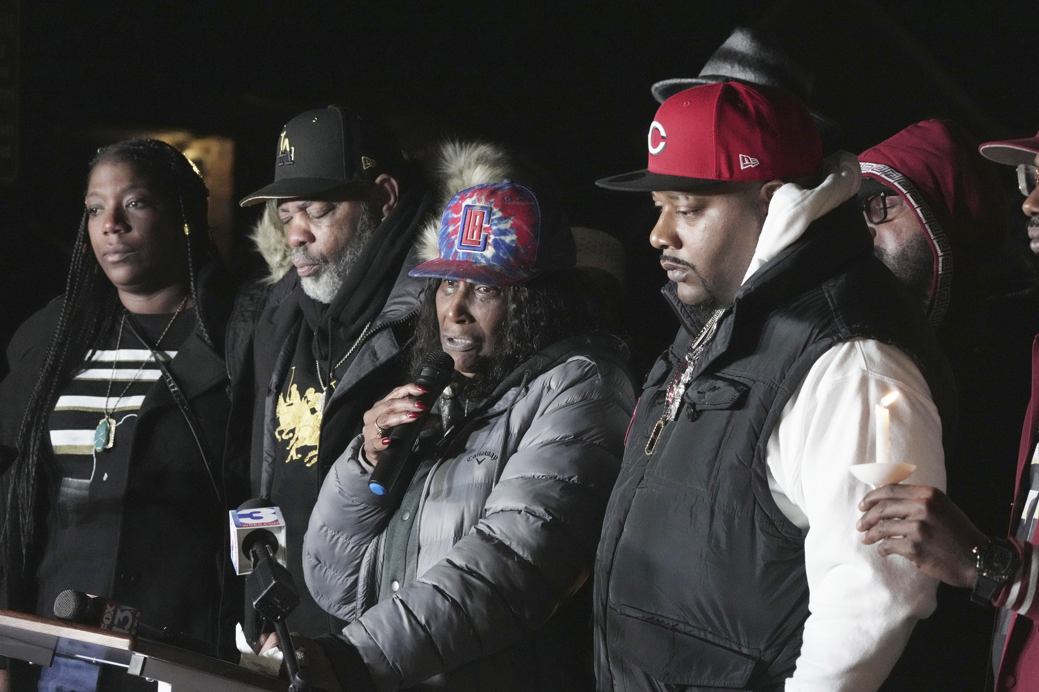 RowVaughn Wells, second from left, the mother of Tyre Nichols, flanked by family members of Nichols, speaks during a candlelight vigil on the anniversary of her son's death Sunday, Jan. 7, 2024, in Memphis, Tenn. Nichols lost his life following a violent beating by five Memphis Police officers in January 2023. (AP Photo/Karen Pulfer Focht)