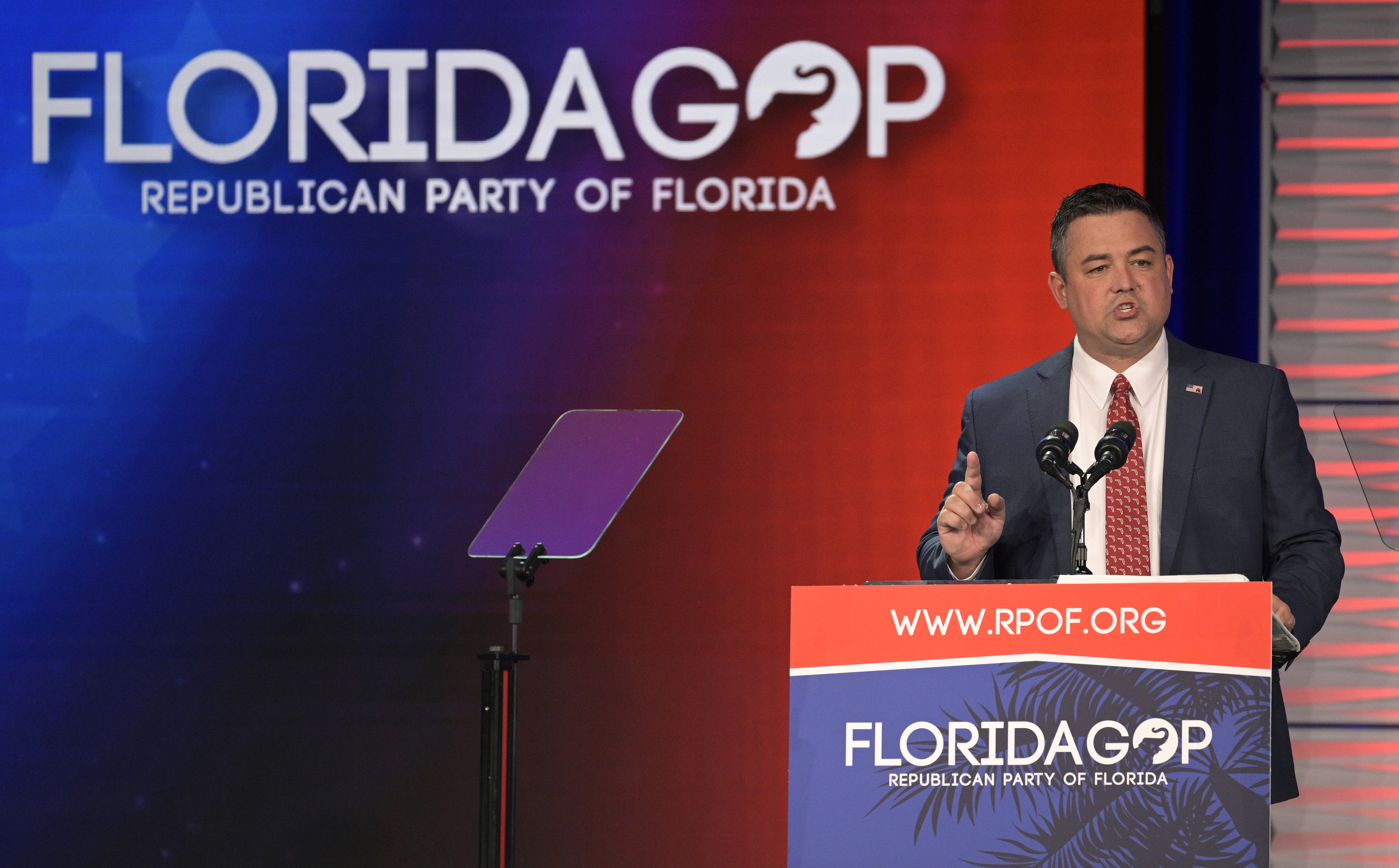 FILE - Republican Party of Florida Chairman Christian Ziegler addresses attendees at the Republican Party of Florida Freedom Summit, Nov. 4, 2023, in Kissimmee, Fla. The Republican Party of Florida will hold a special meeting Monday, Jan. 8, 2024, to vote on removing Ziegler and select a new leader as police investigate a rape accusation against him, a vote that comes the week before Gov. Ron DeSantis competes in Iowa's first-in-the-nation presidential caucus. (AP Photo/Phelan M. Ebenhack, File)